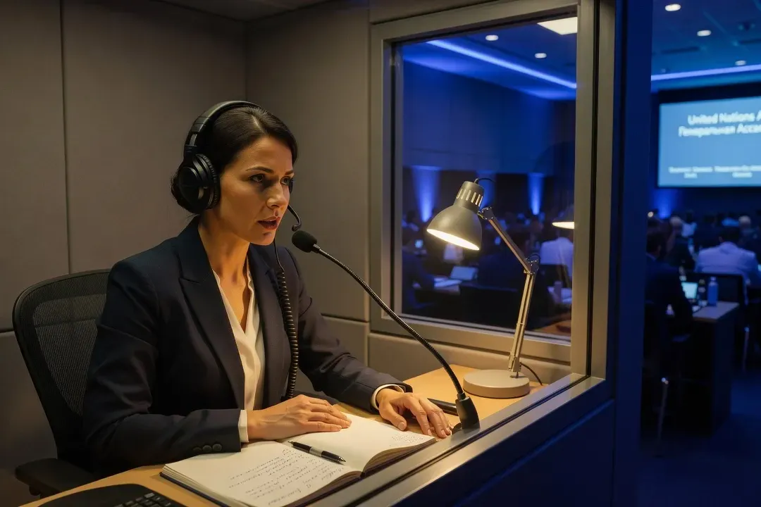 Interprète professionnelle en cabine avec casque lors d'une conférence internationale