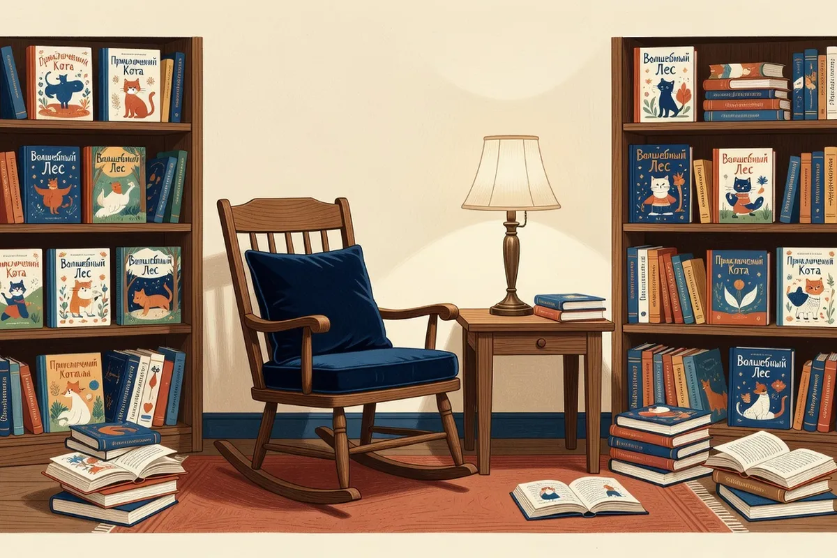 Livres jeunesse illustrés russes dans une bibliothèque chaleureuse