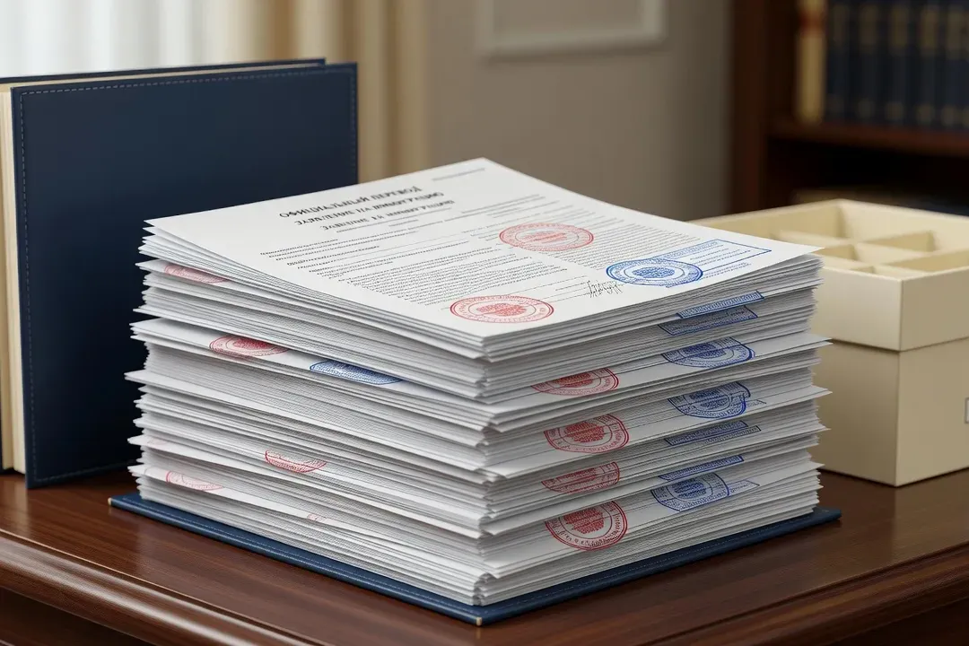 Dossier documents d'immigration russes apostillés organisés sur un bureau