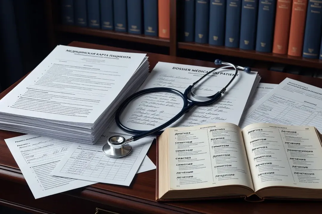 Documents médicaux russes et français posés côte à côte sur un bureau de consultation