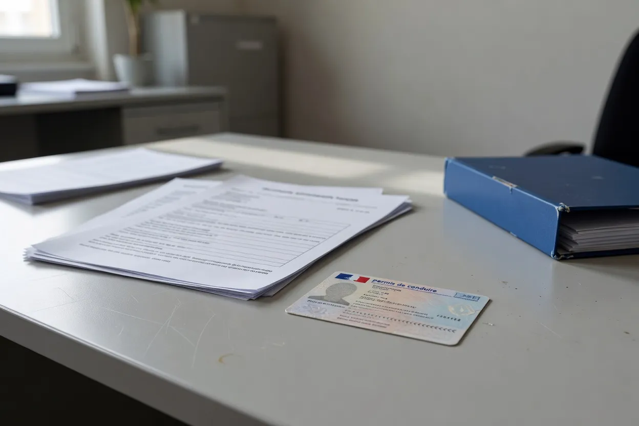 Permis de conduire posé sur un bureau à côté de documents administratifs français